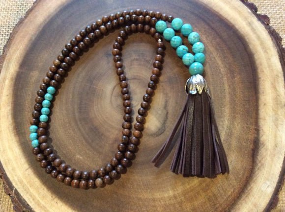 Long Wood and Magnesite Necklace with Brown Leather Tassel