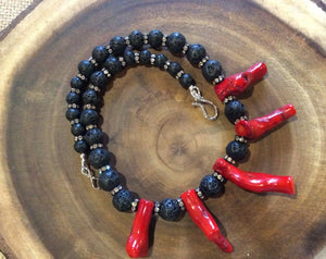 Bamboo Coral and Black Lava Necklace