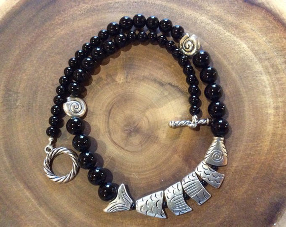 Black Onyx and Broken Fish Necklace