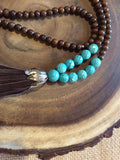 Long Wood and Magnesite Necklace with Brown Leather Tassel - Strand View